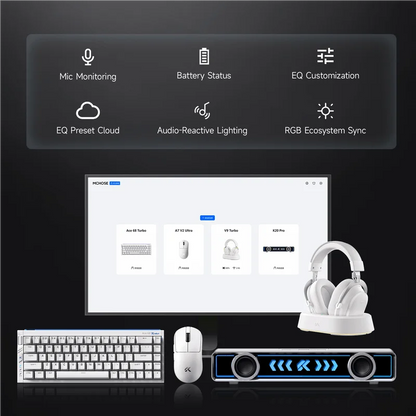 Auscultadores Gaming Sem Fios MCHOSE V9 Turbo 7.1 Surround Sound RGB para Esports com Drivers de 60mm, Microfone com Cancelamento de Ruído e Base de Carregamento