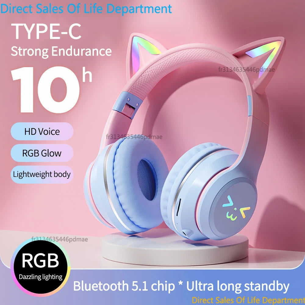 Gradient wireless RB cute cat ears Bluetooth headphones with microphone stereo music games headphones girls children gift