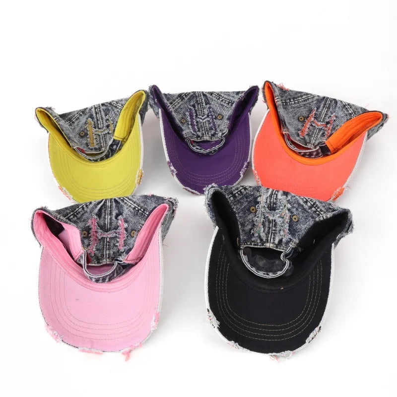Vintage Washed Distressed Denim Colorful Baseball Cap for Men Women, Fashion Two-Tone Ripped Sun Protection Visor Hat Trendy