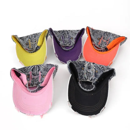 Vintage Washed Distressed Denim Colorful Baseball Cap for Men Women, Fashion Two-Tone Ripped Sun Protection Visor Hat Trendy