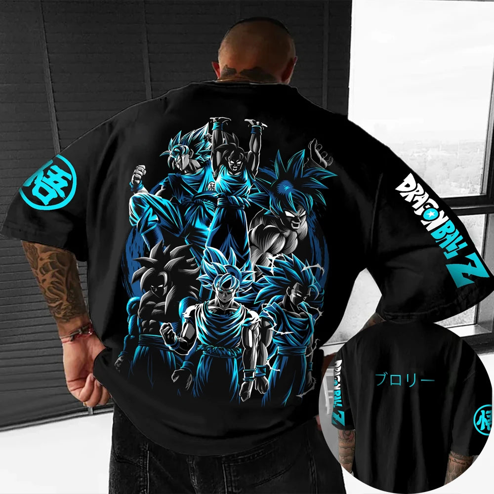 T-shirt oversized da bambino Dragon Ball Z Son Goku All Forms Broly Blue Aura Group Print, streetwear anime da uomo, maglietta anime per fan