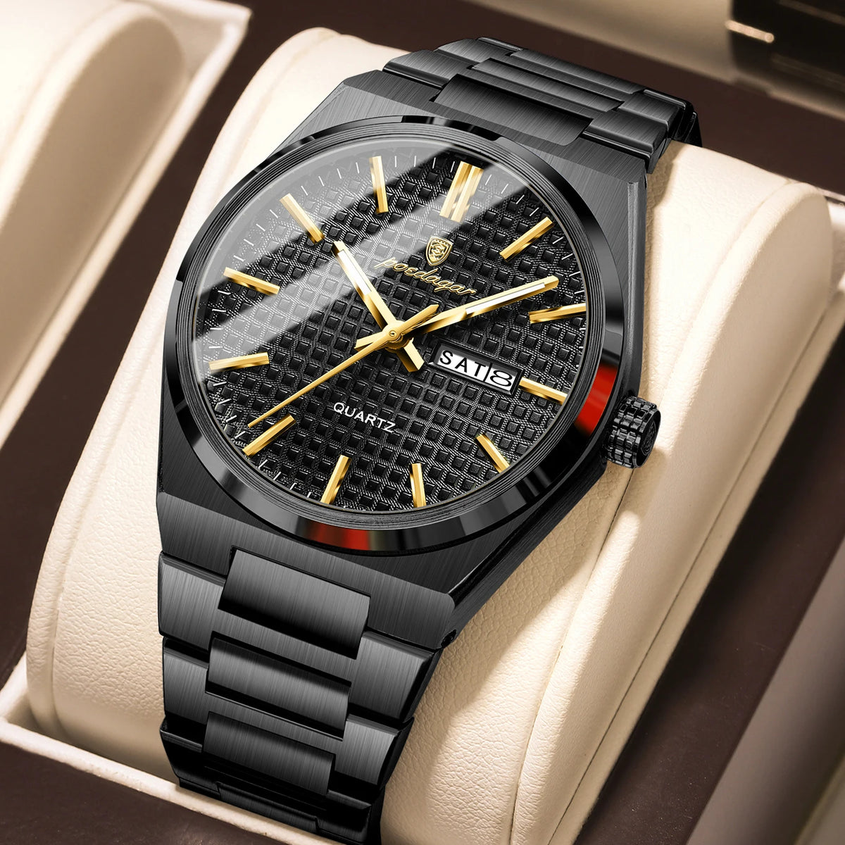POEDAGAR luxury men’s wristwatch, water-resistant, luminous, stainless steel, with date and day of the week, quartz movement, business style.