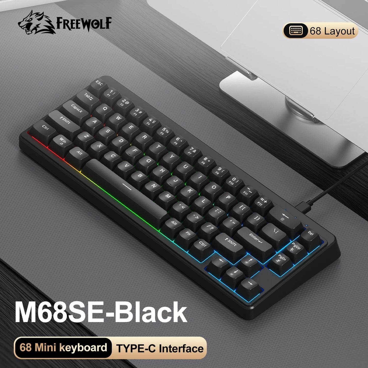 FREEWOLF M68SE 68 key wired mini keyboard, designed ergonomically, Dazzling lights And compatible with multiple systems