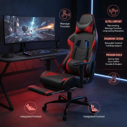 Massage Gaming Chair with Footrest Black and Red 66X56X120,5-131 cm in Imitation Leather, Reclining 360 Swivel Chair ° Maximum 110 kg