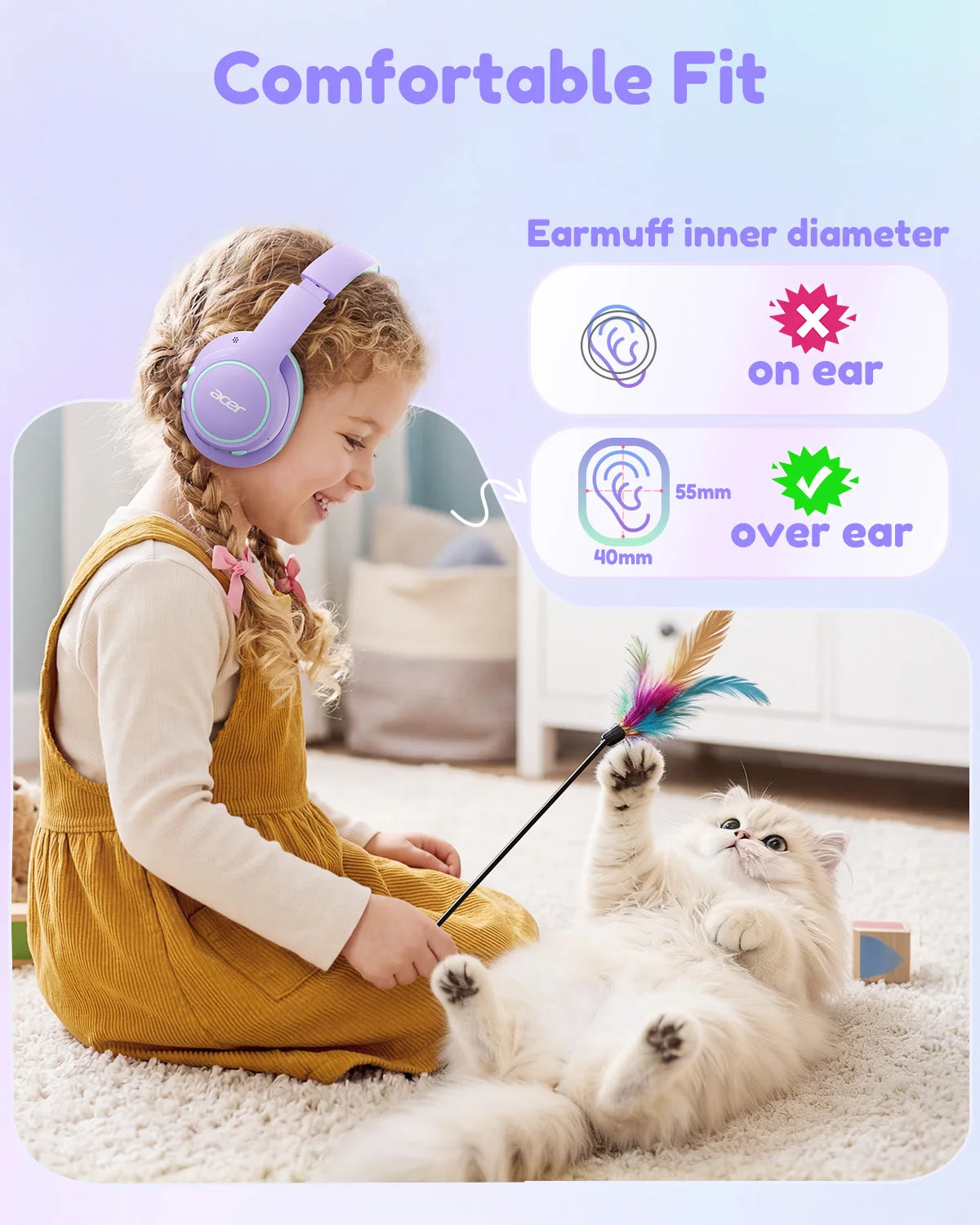 Acer Kids Bluetooth 6.0 Headphones Over Ear Headsets with Mic 75H Playtime 85dBA Safe Volume USB C Fast Charging for iPad Tablet