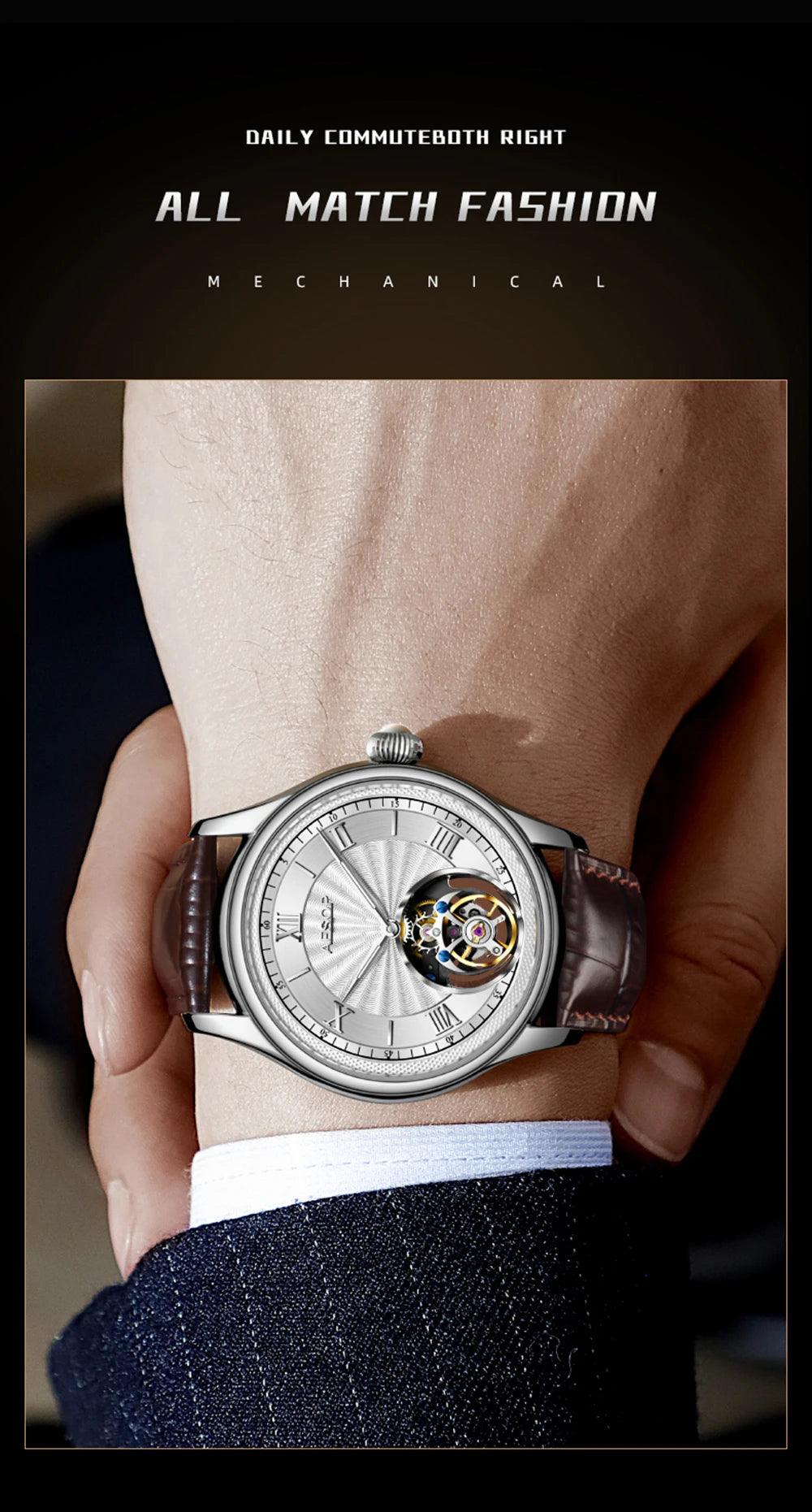 AESOP Mens Mechanical Wristwatches Flying Tourbillon Movement Skeleton Watch for Men Man Luxury Clocks Real Tourbillon Watch