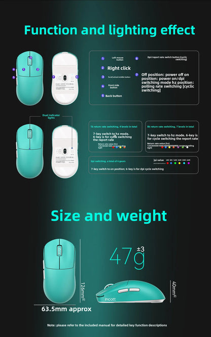 Incott G23 V2 E-sports Mouse 47g Lightweight PAW3395 Wireless 3-mode 8000Hz Polling Rate Ultra Low Latency Game Mice Custom Gift